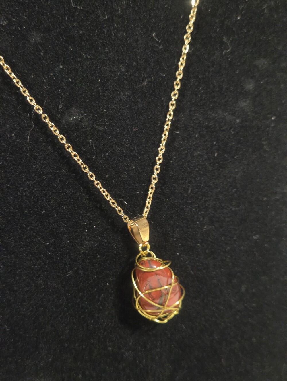 Handcrafted Gold Wire-Wrapped Red Jasper Stone Pendant Necklace